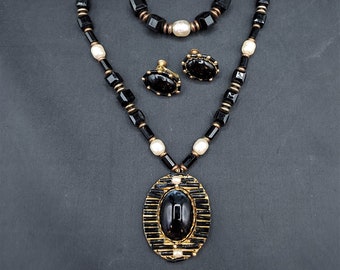 Vintage Signed Black Faux Pearl Miriam Haskell Necklace Bracelet & Earrings