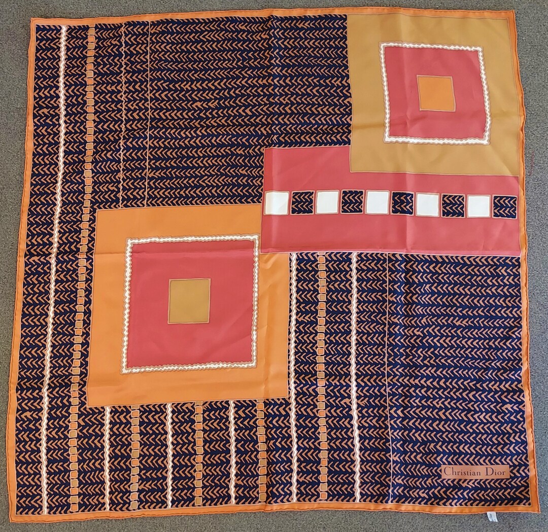 Vintage Christian Dior France CD 30 Inch Scarf Pumpkin Orange Navy ...