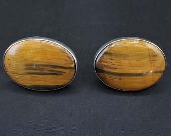 Huge Vintage Tiger Eye Sterling Silver Oval Cuff Links Cufflinks