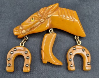 Vintage Bakelite Butterscotch Amber Horse, Horseshoes & Boot Novelty Brooch Pin