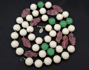 Vintage Miriam Haskell 37 Inch Bead Necklace Jade Rose Quartz Glass