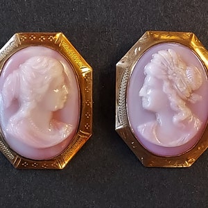 May include: Two gold-toned cameo brooches with pink cameo portraits of women. The brooches have a detailed, octagonal design.