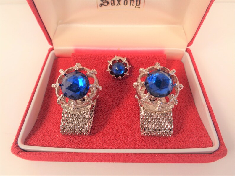 Vintage Swank Blue Wrap Mesh Cufflinks Cuff Links Tie Pin Set by Saxony