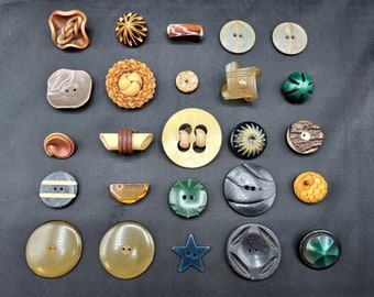 Interesting & Fun Vintage Lot of 25 Various Buttons for Sewing Carved Plastics