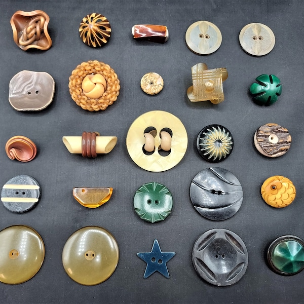 Interesting & Fun Vintage Lot of 25 Various Buttons for Sewing Carved Plastics