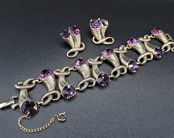 Vintage Signed Schiaparelli Purple Gold Tone Bracelet & Earrings