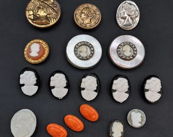 Antique Vintage Lot 17 of Lady Picture Buttons & Cameo Buttons