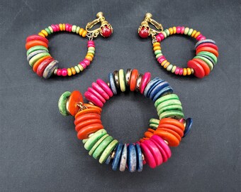 Vintage Miriam Haskell Wrap Bracelet & Dangle Earrings in Multi Color Wood