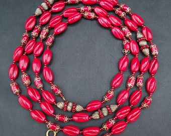 Vintage Signed MIRIAM HASKELL Deep Scarlet Red Glass Bead LONG Necklace