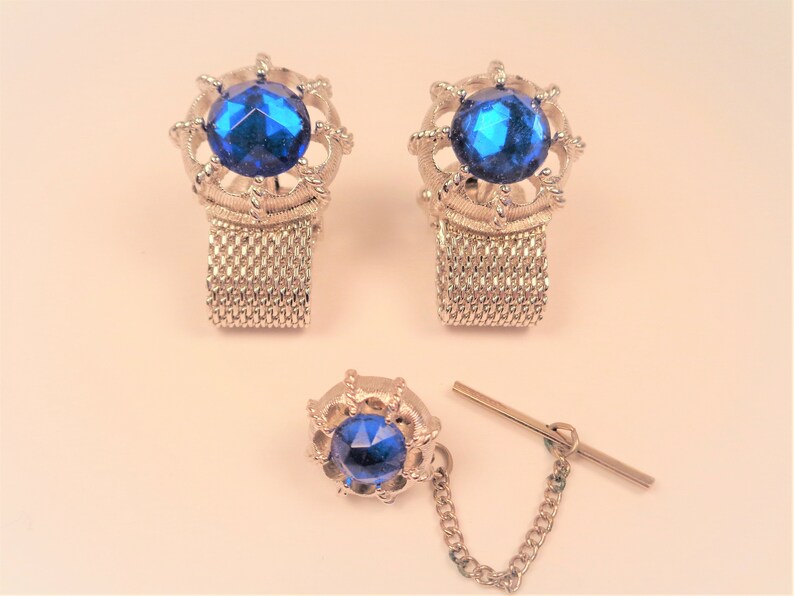 Vintage Swank Blue Wrap Mesh Cufflinks Cuff Links Tie Pin Set by Saxony