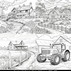 May include: Black and white line drawings depicting rural scenes, featuring houses, barns, a tractor, and landscapes. The images are from a coloring book with the text "Country Life Coloring Book - 61 Designs - PDF - JPG".