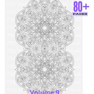 May include: A black and white line art coloring book page featuring two stacked symmetrical mandala designs with intricate floral and heart-shaped patterns. The text 80+ PAGES and Volume 9 is printed in purple on the white background.