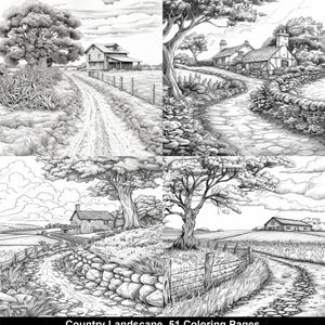 51 målarbilder med lantliga landskap | A4 PDF och JPG | Avslappning, stresslindring, konstterapi | Omedelbar digital nedladdning