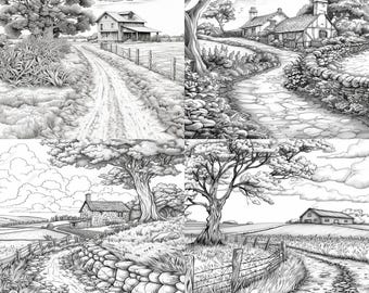51 Country Landscape Coloring Pages Country Scenes | A4 PDF & JPG | Relaxation Stress Relief Art Therapy | Instant Digital Download