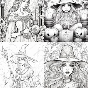 May include: Black and white line art illustrations of witches. The images include a woman in a dress holding a vase, a witch with a hat surrounded by pumpkins, a witch with a staff, and a close-up of a witch's face. The text at the bottom reads "Witches 29 Coloring Pages."