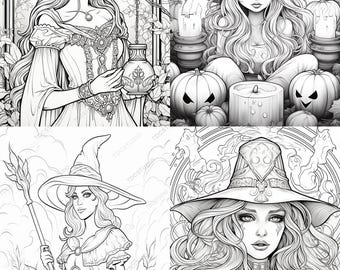 Könnte beinhalten: Schwarz-Weiß-Illustrationen von Hexen. Die Bilder zeigen eine Frau in einem Kleid, die eine Vase hält, eine Hexe mit Hut, umgeben von Kürbissen, eine Hexe mit Stab und eine Nahaufnahme eines Hexengesichts. Der Text unten lautet "Witches 29 Coloring Pages."