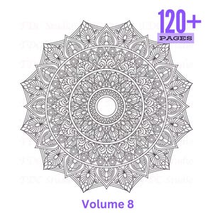 May include: Black and white mandala coloring book design. The intricate pattern is circular with detailed floral and geometric elements. The text "120+ PAGES" is in a purple box, and "Volume 8" is written below the mandala.