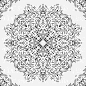 May include: A black and white line art illustration featuring a repeating pattern of intricate circular mandala designs. Each mandala consists of symmetrical floral and geometric shapes radiating from a central point, set against a light background.