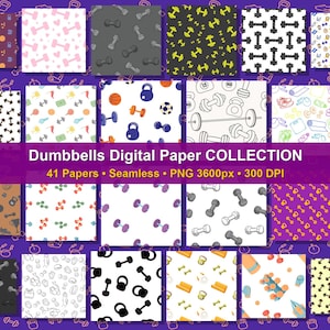 May include: A collection of 41 seamless digital papers featuring various fitness-themed patterns including dumbbells, kettlebells, and sports equipment in diverse color palettes. The text reads: Dumbbells Digital Paper COLLECTION 41 Papers Seamless PNG 3600px 300 DPI.