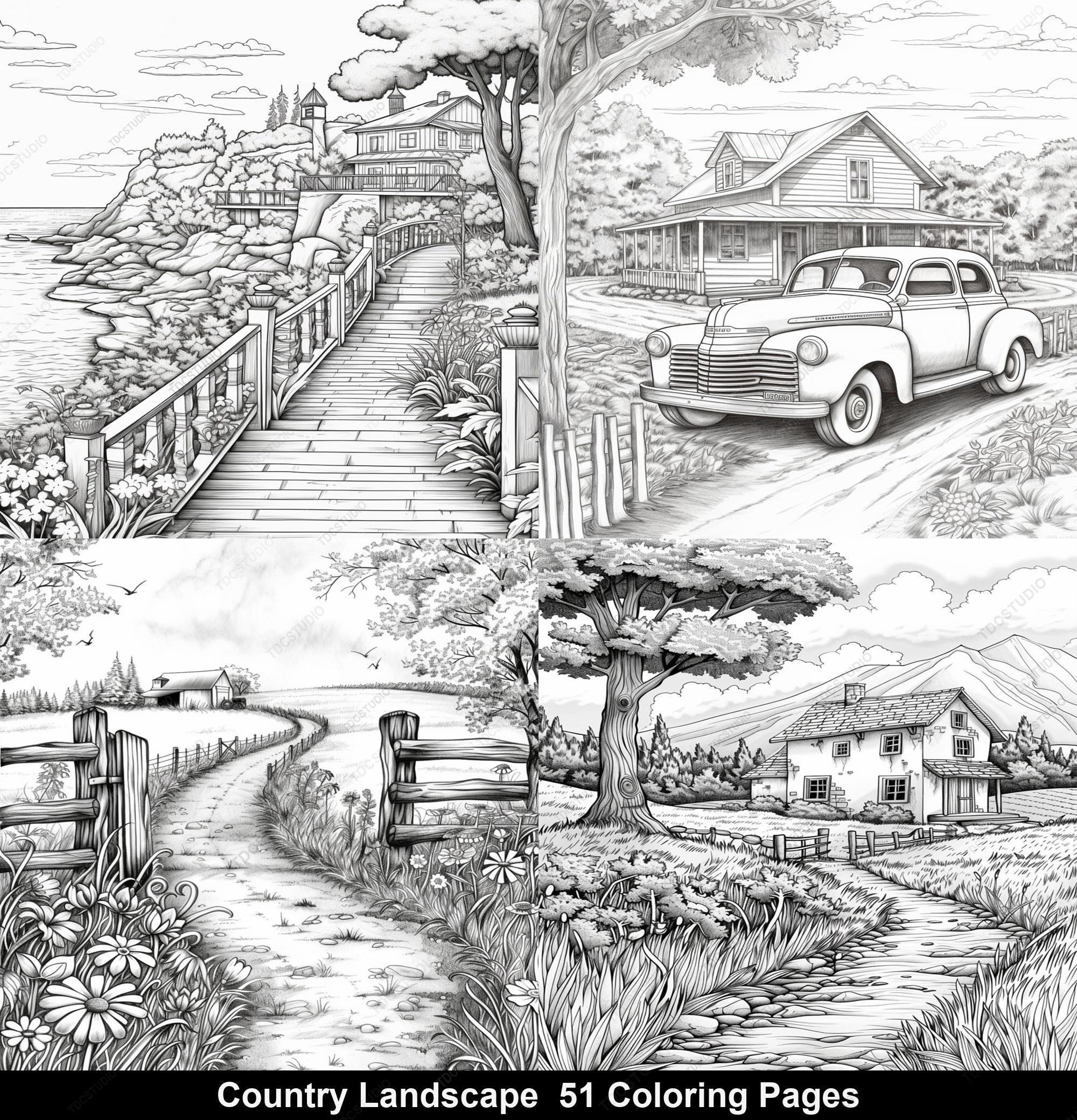 51 Country Landscape Coloring Pages Country Scenes | A4 PDF & JPG ...
