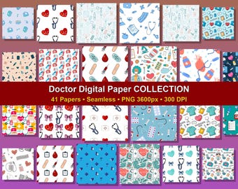 Puede incluir: Una colección de 20 papeles digitales con patrones de temática médica. Los diseños incluyen estetoscopios, corazones, jeringas y símbolos médicos en varios colores. Se muestra el texto "Doctor Digital Paper COLLECTION".