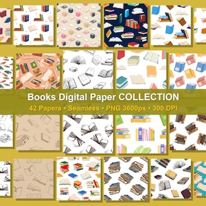 Puede incluir: Una colección de papel digital que presenta 42 patrones sin costuras de libros en varios estilos, incluyendo ilustraciones coloridas y dibujos de líneas en blanco y negro. El texto Books Digital Paper COLLECTION 42 Papers Seamless PNG 3600px 300 DPI es visible.
