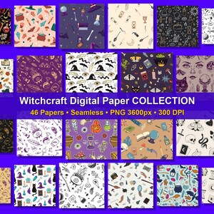 Può includere: Una collezione di 46 carte digitali senza cuciture con illustrazioni a tema stregoneria, inclusi calderoni, cristalli, lune, gatti e pozioni. Il testo recita: Witchcraft Digital Paper COLLECTION, 46 Papers, Seamless, PNG 3600px, 300 DPI.