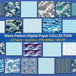 Wave Pattern Seamless Digital Paper Bundle, 22 Ocean Waves PNG Patterns, Japanese Great Wave Backgrounds, Tumbler Wrap Fabric