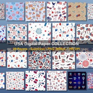 May include: A collection of 29 seamless digital papers with patriotic USA-themed designs. The patterns feature red, white, and blue illustrations of flags, fireworks, stars, and other festive elements. The text "USA Digital Paper Collection" is displayed.