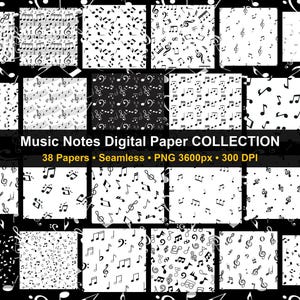 May include: A collection of 38 seamless digital papers featuring various black and white music note patterns. The text reads: Music Notes Digital Paper COLLECTION, 38 Papers, Seamless, PNG 3600px, 300 DPI. These graphic files display musical symbols.