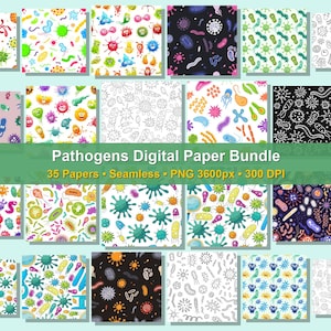 May include: A digital paper bundle featuring 35 seamless patterns of various colourful pathogens, bacteria, and viruses. The designs include vibrant illustrations on white, black, and coloured backgrounds, with some patterns in black and white line art.