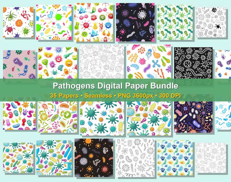 Science Background Pattern Design Pathogens Seamless Digital Paper Bundle, 35 Bacteria Virus PNG Patterns ...