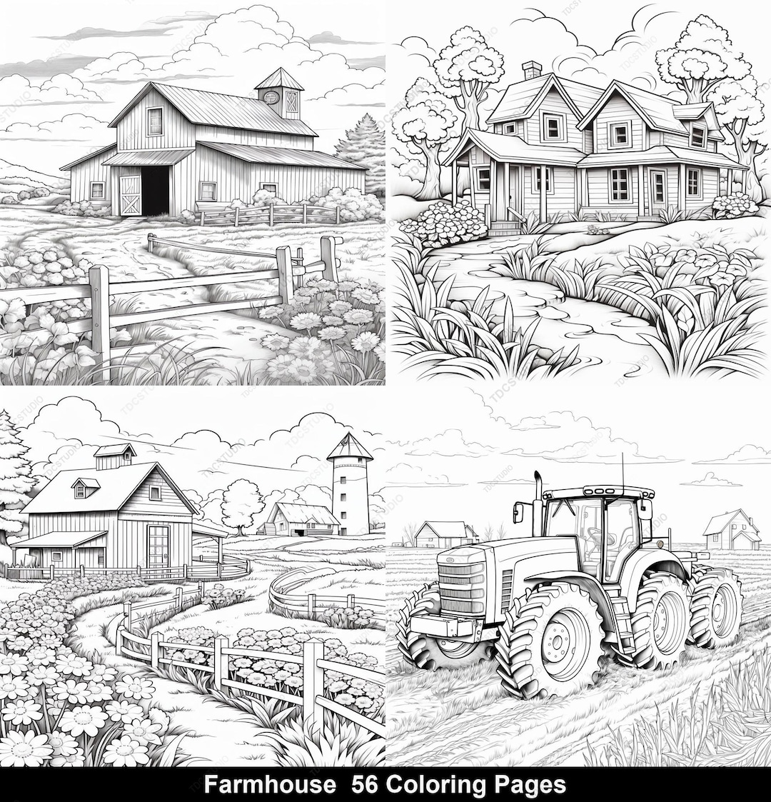 56 Farmhouse Coloring Pages | Rustic Barn & Tractor Scenes | A4 ...