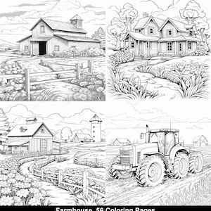 May include: Black and white line art illustrations of farm scenes, including a barn, farmhouse, and tractor. The images are suitable for coloring. The text "Farmhouse 56 Coloring Pages" is at the bottom.