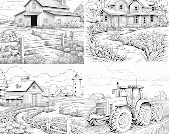 56 páginas para colorear de granjas / Escenas rústicas de graneros y tractores / A4 imprimible PDF 300DPI JPG / Vida en el campo / Descarga digital