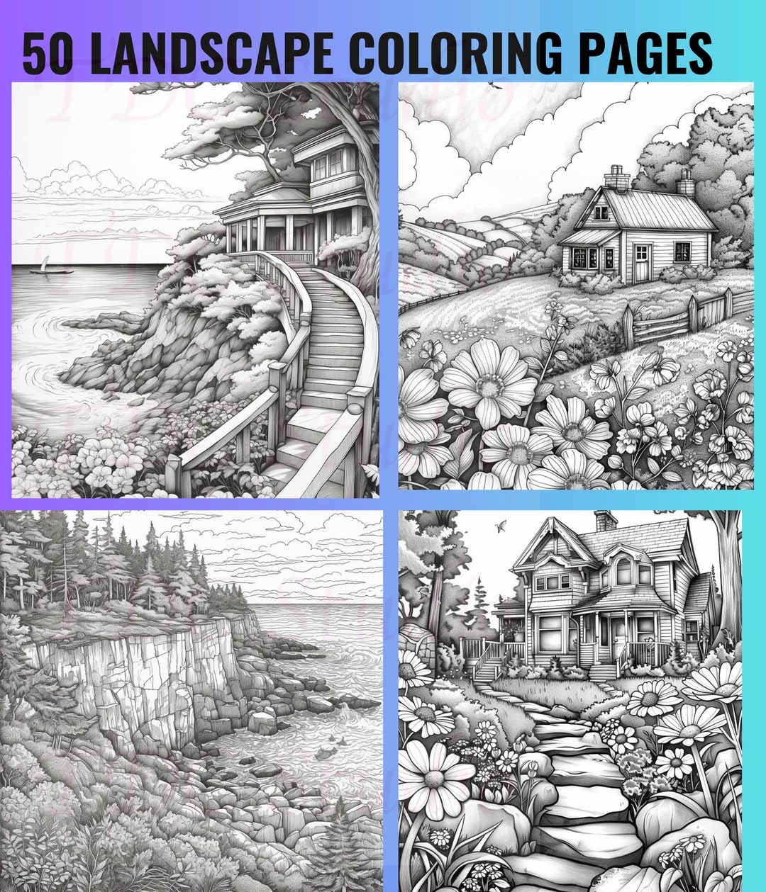 50 Landscape Coloring Pages for Adults Relaxing Nature Scenes, Cozy ...