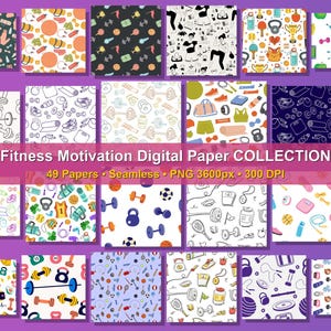 Może przedstawiać: Kolekcja 49 cyfrowych papierów z motywami fitness. Wzory zawierają ilustracje hantli, kettlebelli, sprzętu sportowego i osób ćwiczących. Tekst brzmi "Fitness Motivation Digital Paper Collection".