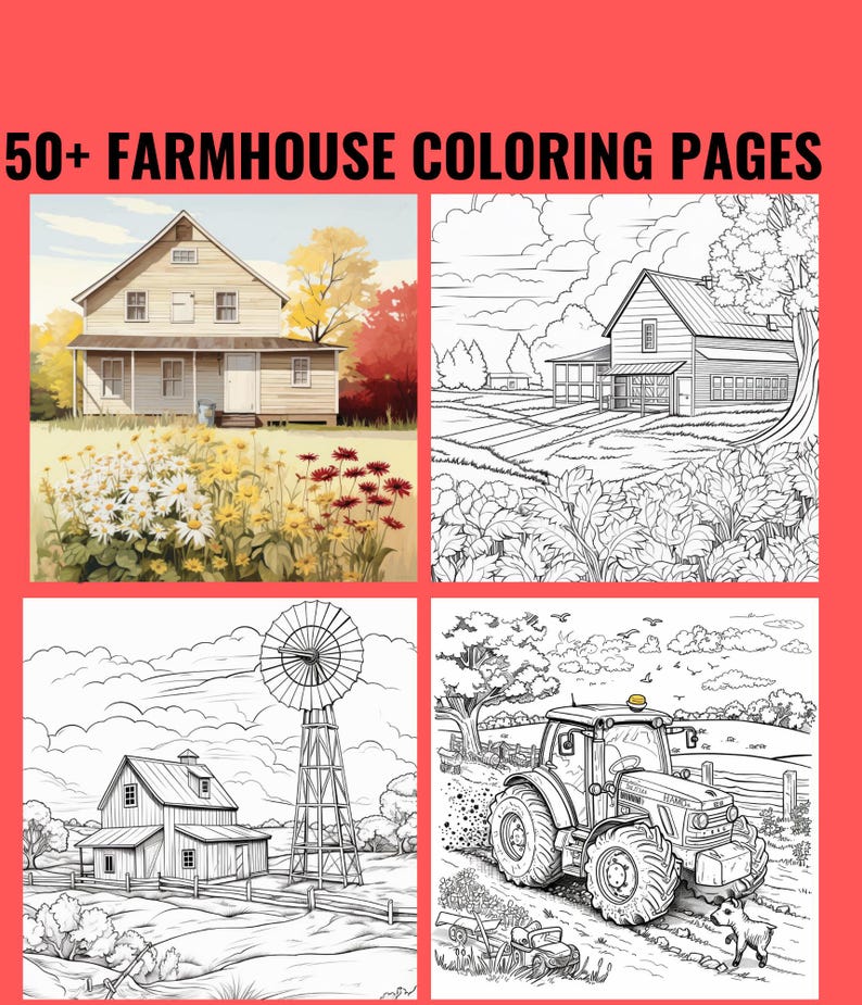 56 Farmhouse Coloring Pages | Rustic Barn & Tractor Scenes | A4 ...