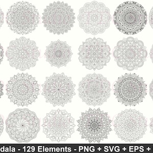 Puede incluir: Una colección de 28 diseños de mandalas en blanco y negro. Cada mandala presenta patrones simétricos intrincados con varios niveles de detalle. La imagen incluye el texto "Mandala - 129 Elements - PNG + SVG + EPS + DXF".