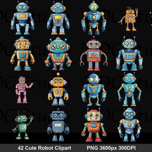 Cute Robot Clipart Bundle, 42 Transparent PNG Droid Graphics, Retro Toy Robots Sublimation Design, Kids Birthday Sticker
