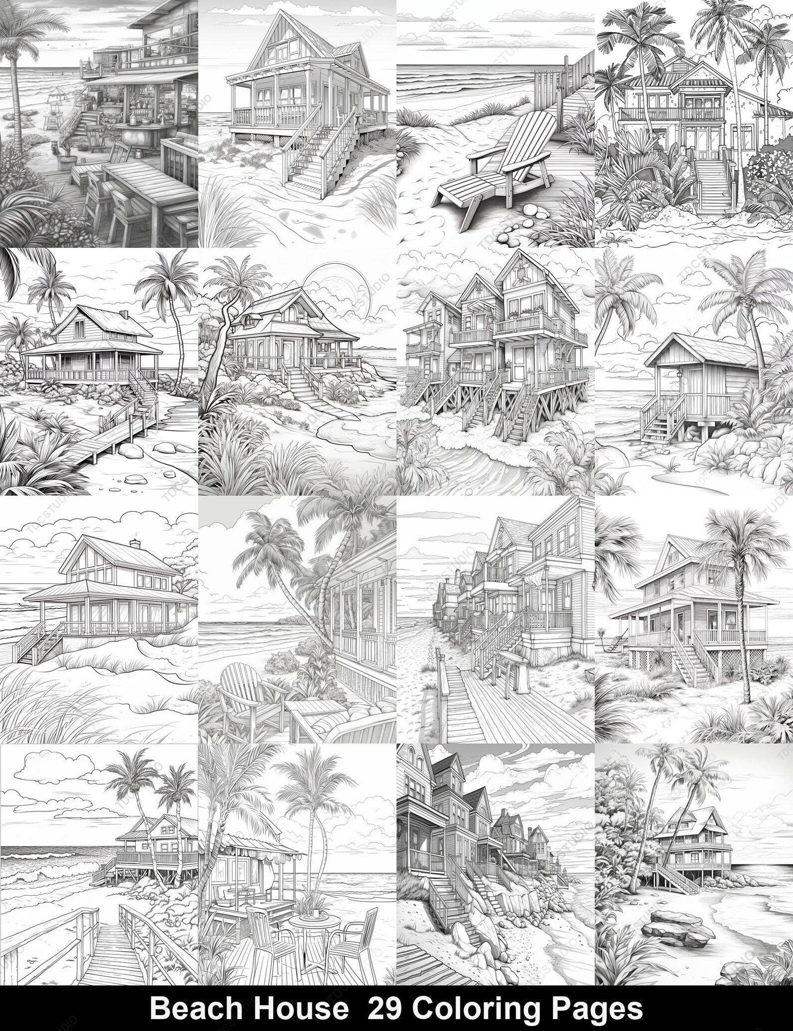 29 Beach House Coloring Pages, Tropical Coastal Scenes Palm Trees ...