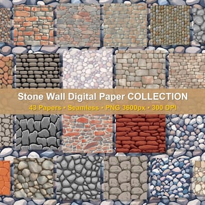 May include: A digital collection of 43 seamless stone wall patterns in various textures and colors, including red brick, grey cobblestone, and river rock. The image features the text Stone Wall Digital Paper COLLECTION, 43 Papers, Seamless, PNG 3600px, 300 DPI.
