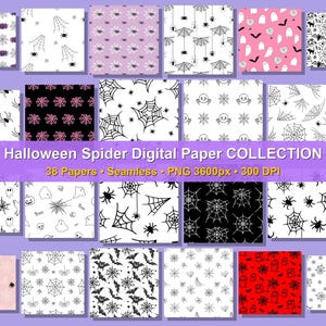 May include: A collection of 38 seamless digital paper patterns featuring Halloween themes including black spiders, white webs, ghosts, bats, pumpkins, and tombstones in various color palettes like black, white, pink, and red with 3600px resolution.