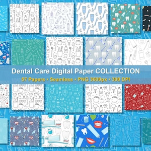 57 digitala tandpapperspaket sömlösa tandmönster, tandläkarmottagningsdekor, scrapbooking för munhygien, kommersiellt bruk PNG, 300 DPI 12x12