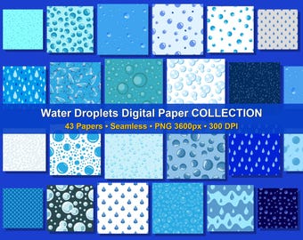 Pacchetto di carte digitali senza soluzione di continuità con gocce d'acqua, 43 motivi PNG di gocce di pioggia, sfondi realistici con gocce di rugiada, tessuto per rivestimento di bicchieri.
