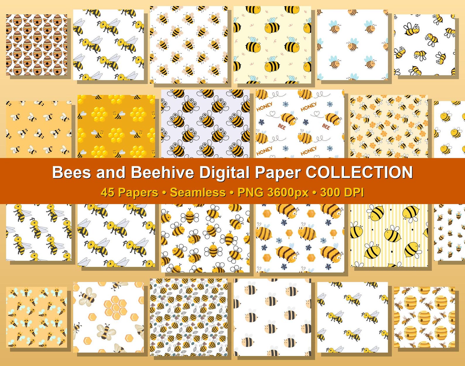 45 Bees and Beehive Digital Paper Bundle Seamless Bumblebee Patterns ...