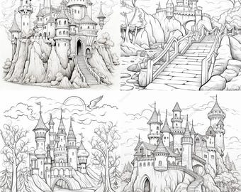 63 kleurplaten fantasiekasteel | Kastelen, dorpen en magische scènes Fantasie | Afdrukbare pdf van A4-formaat | JPG's Stressverlichting Mindfull ontspanning