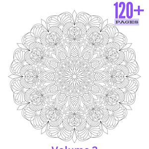 May include: A black and white mandala coloring book design. The intricate pattern is centered and surrounded by floral and geometric shapes. The text "120+ PAGES" is in purple. The text "Volume 2" is in purple.