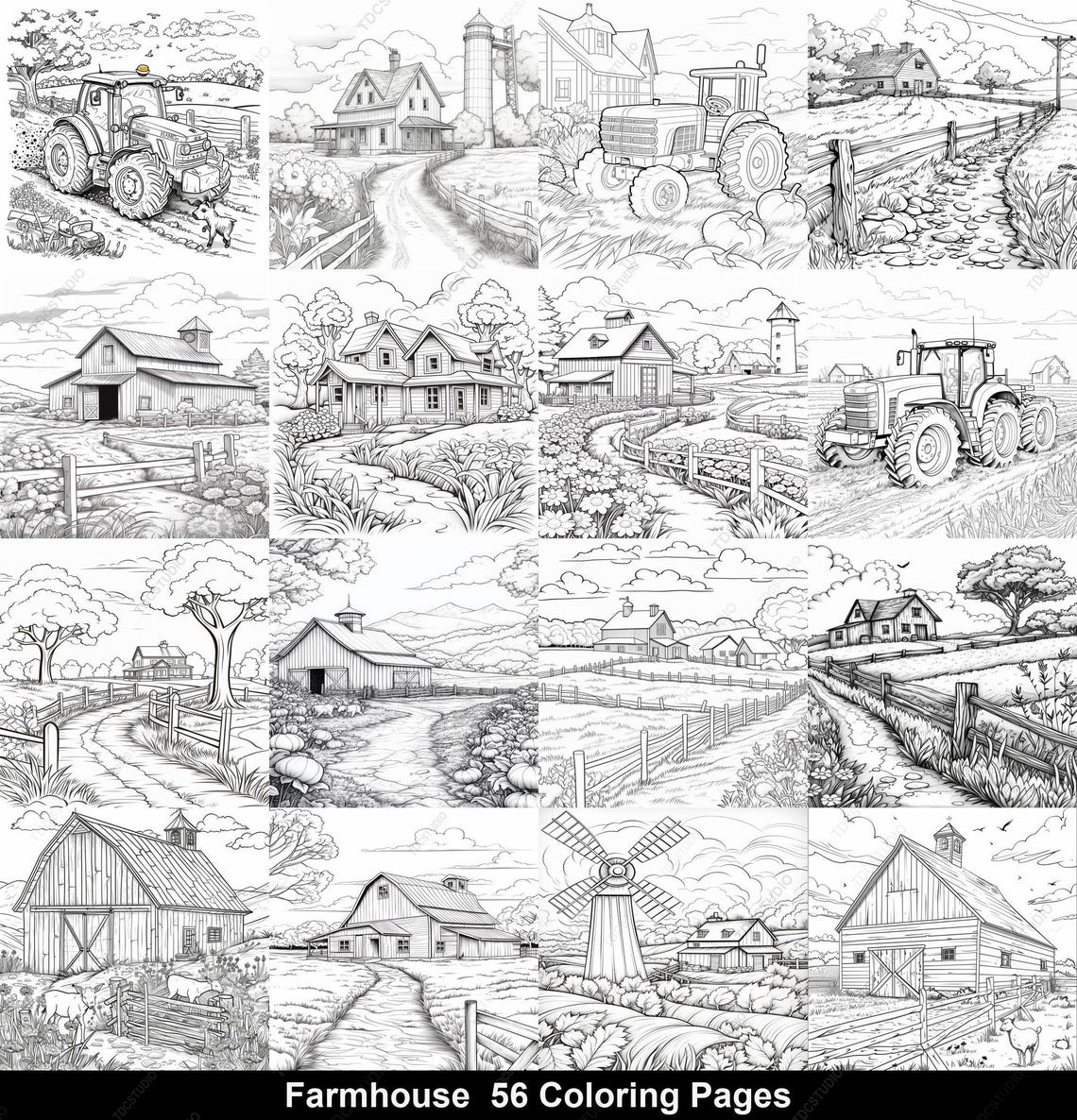 56 Farmhouse Coloring Pages | Rustic Barn & Tractor Scenes | A4 ...
