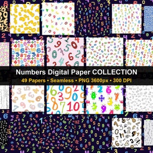 May include: A collection of 49 seamless digital papers featuring various number patterns in diverse colours, fonts, and styles. The image includes the text Numbers Digital Paper COLLECTION, 49 Papers, Seamless, PNG 3600px, 300 DPI, displayed on a dark background.